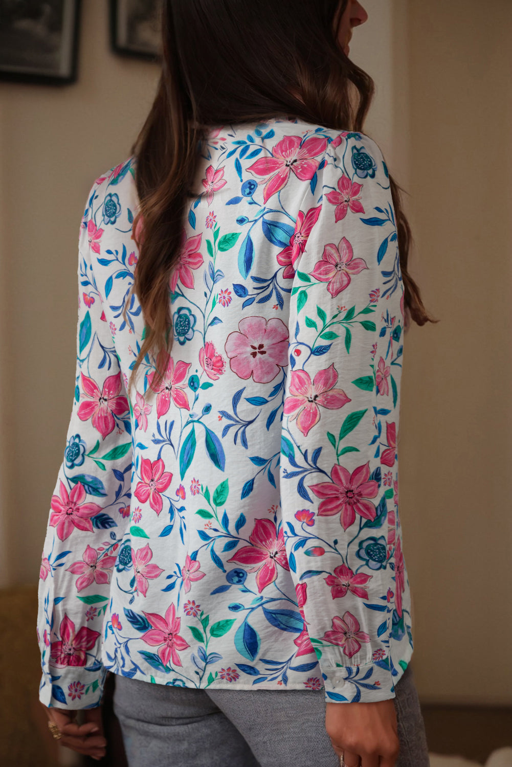 Pink Floral Print Lace Detail Button-up Long Sleeve Shirt