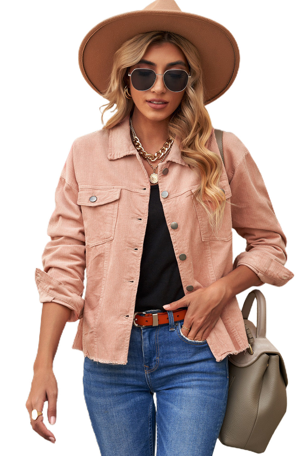 Pink Corduroy Pocket Buttoned Jacket