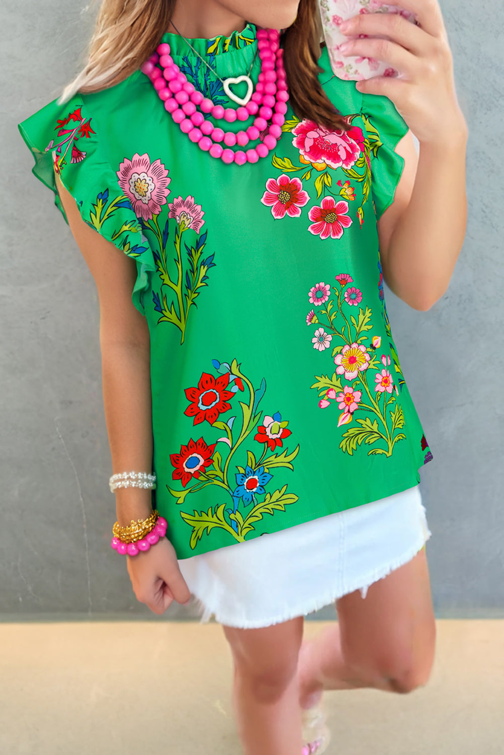 Green Floral Print Flutter Sleeve Frill Neck Blouse