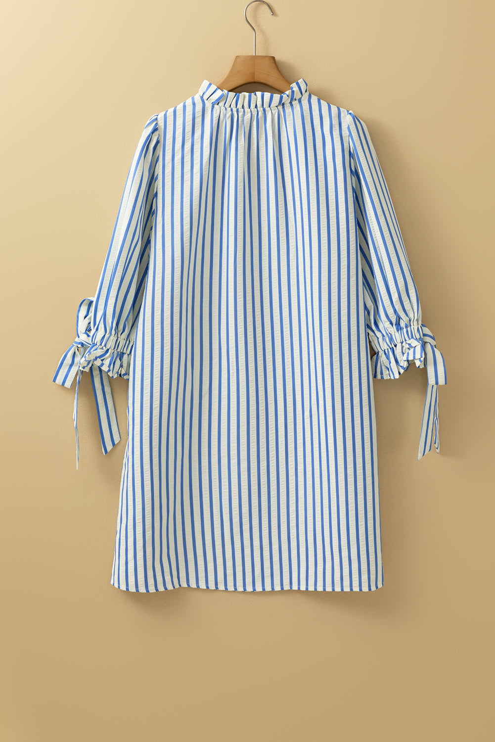 Sky Blue Striped Notched Neck Knot Cuffs Mini Dress
