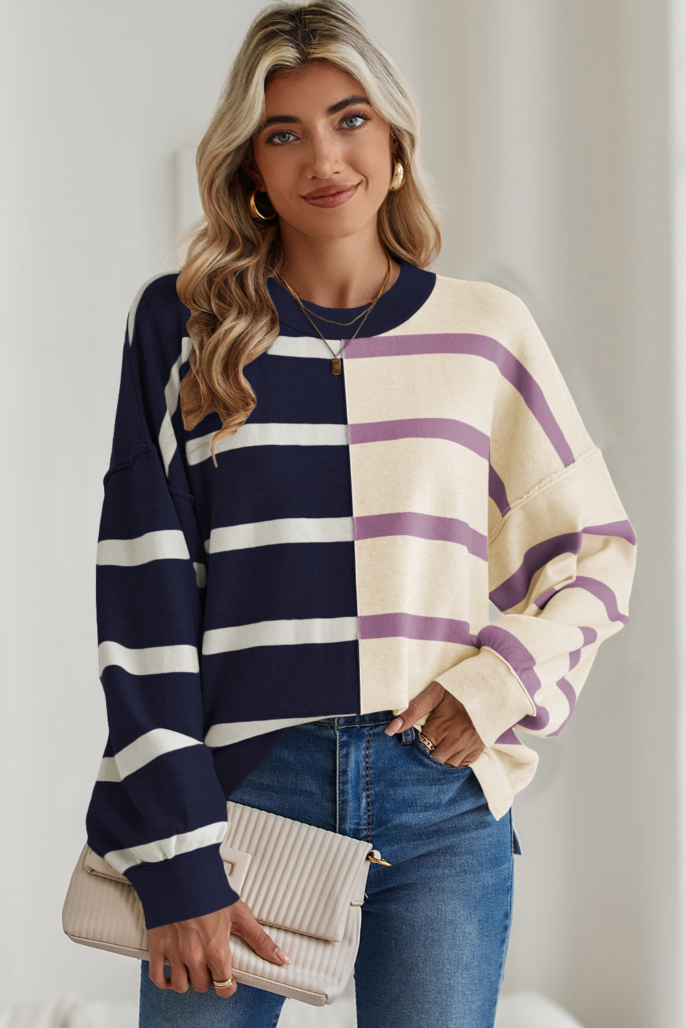 Blue Stripe Exposed Seam Patchwork Loose Sweater