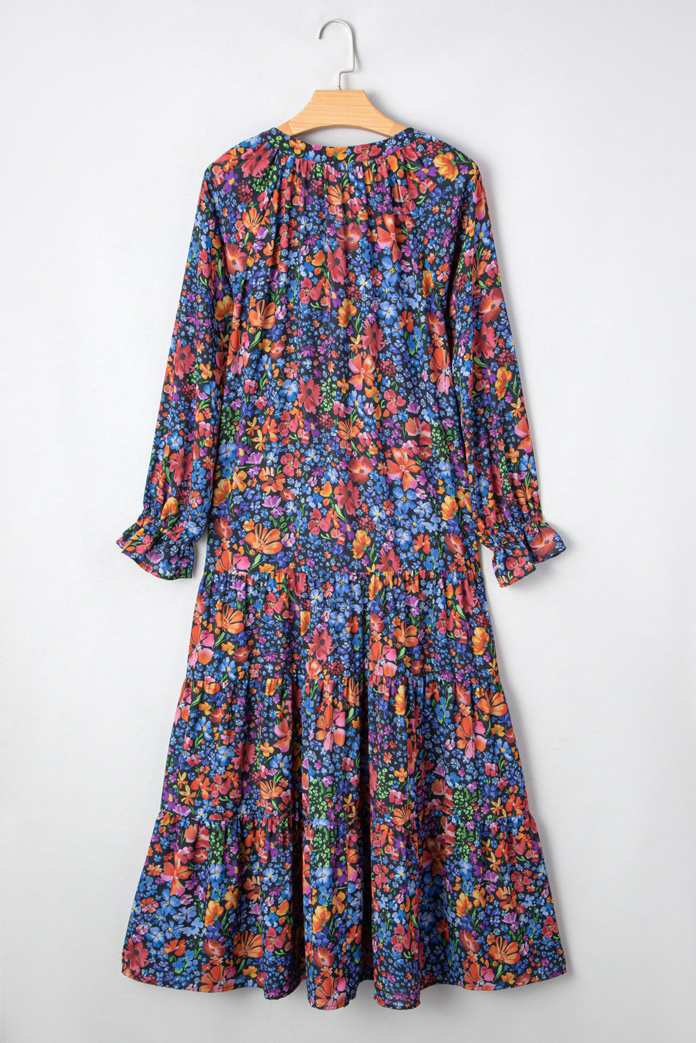 Blue Floral Print V Neck Long Sleeve Flowy Maxi Dress
