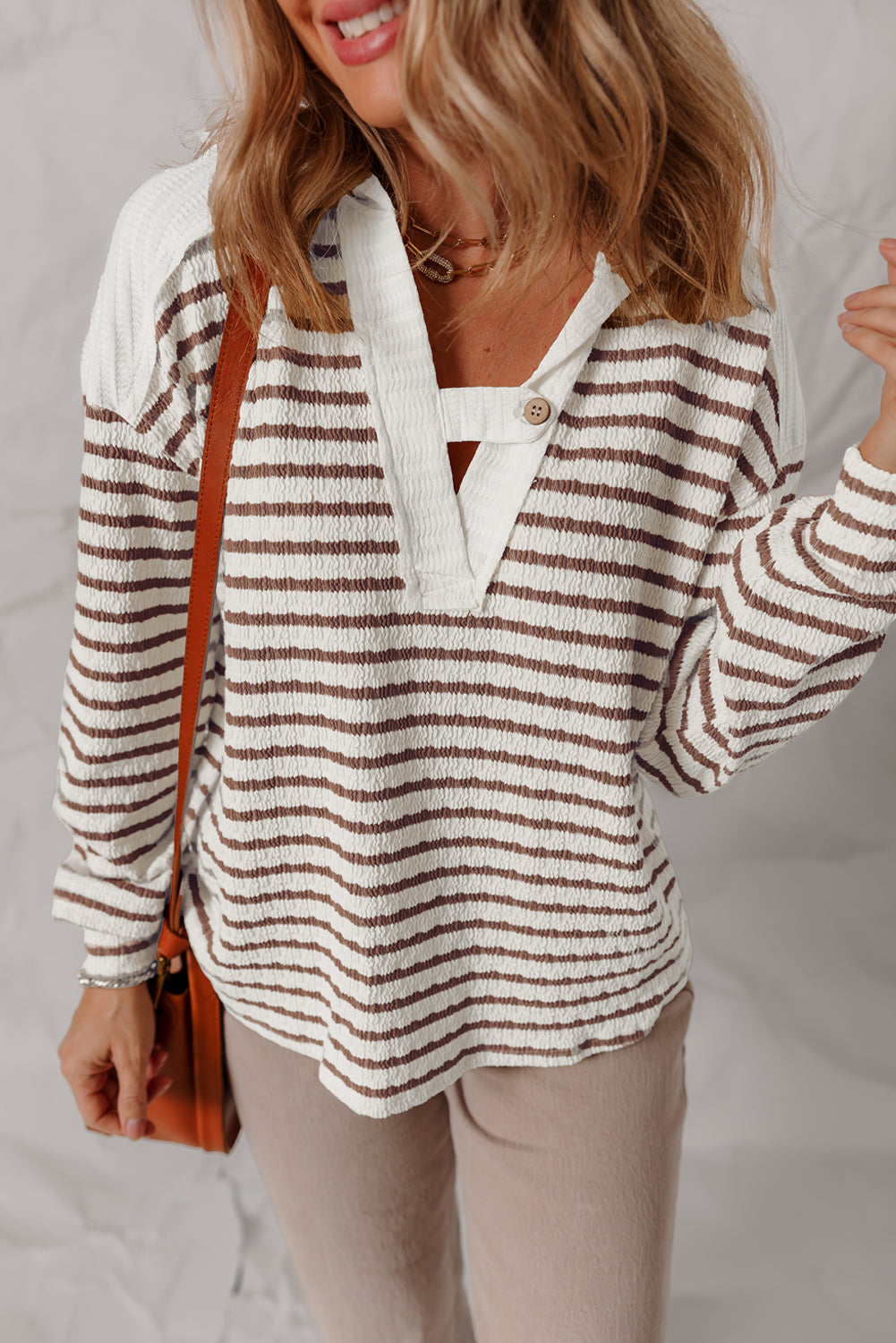 Khaki Stripe Textured Hooded Long Sleeve Top