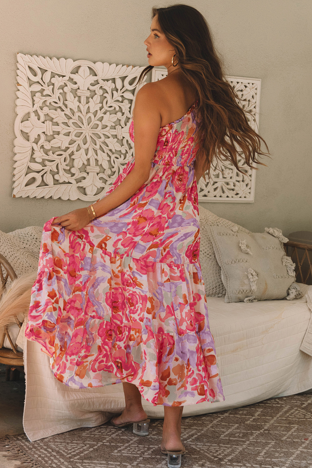 Malaysia Floral Print Shirred One Shoulder Maxi Dress-1