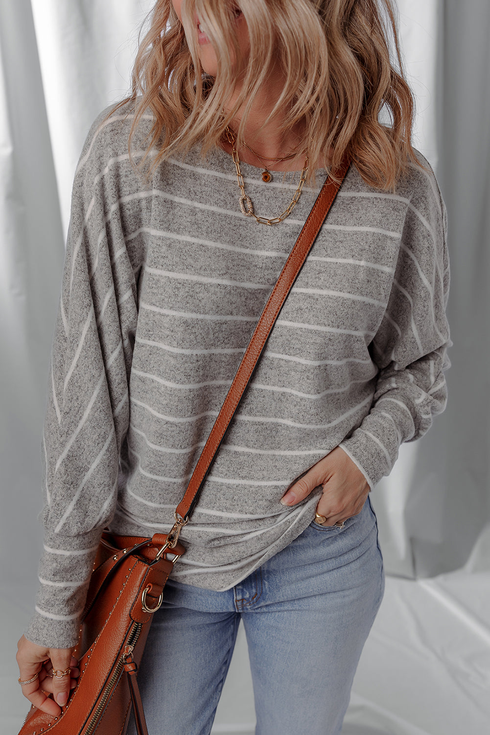 Gray Stripe Bishop Sleeve Drop Shoulder Top