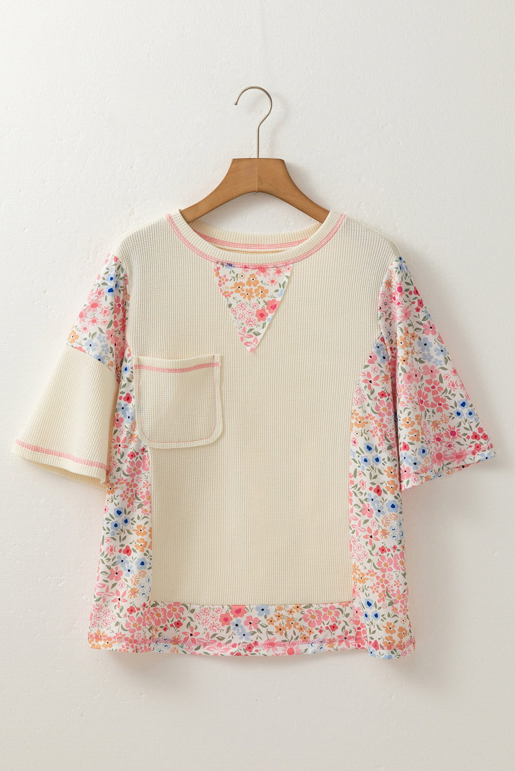 Beige Floral Patchwork Pocket Drop Sleeve Waffle T Shirt