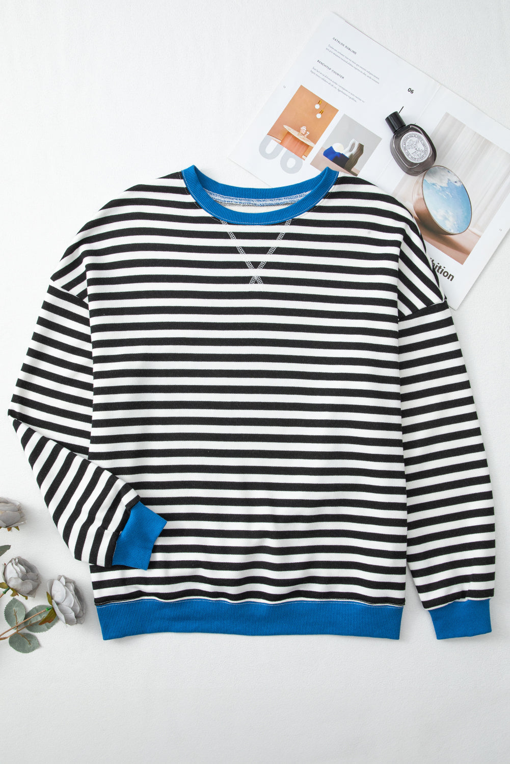 White Striped Contrast Trim Drop Shoulder Sweatshirt