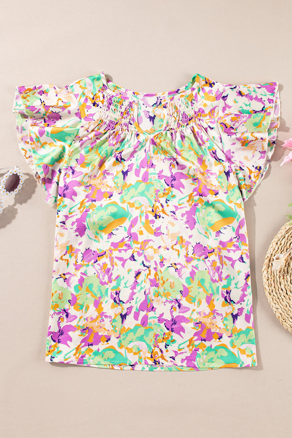 Purple Abstract Print Ruffled Short Sleeve Notched Neck Blouse