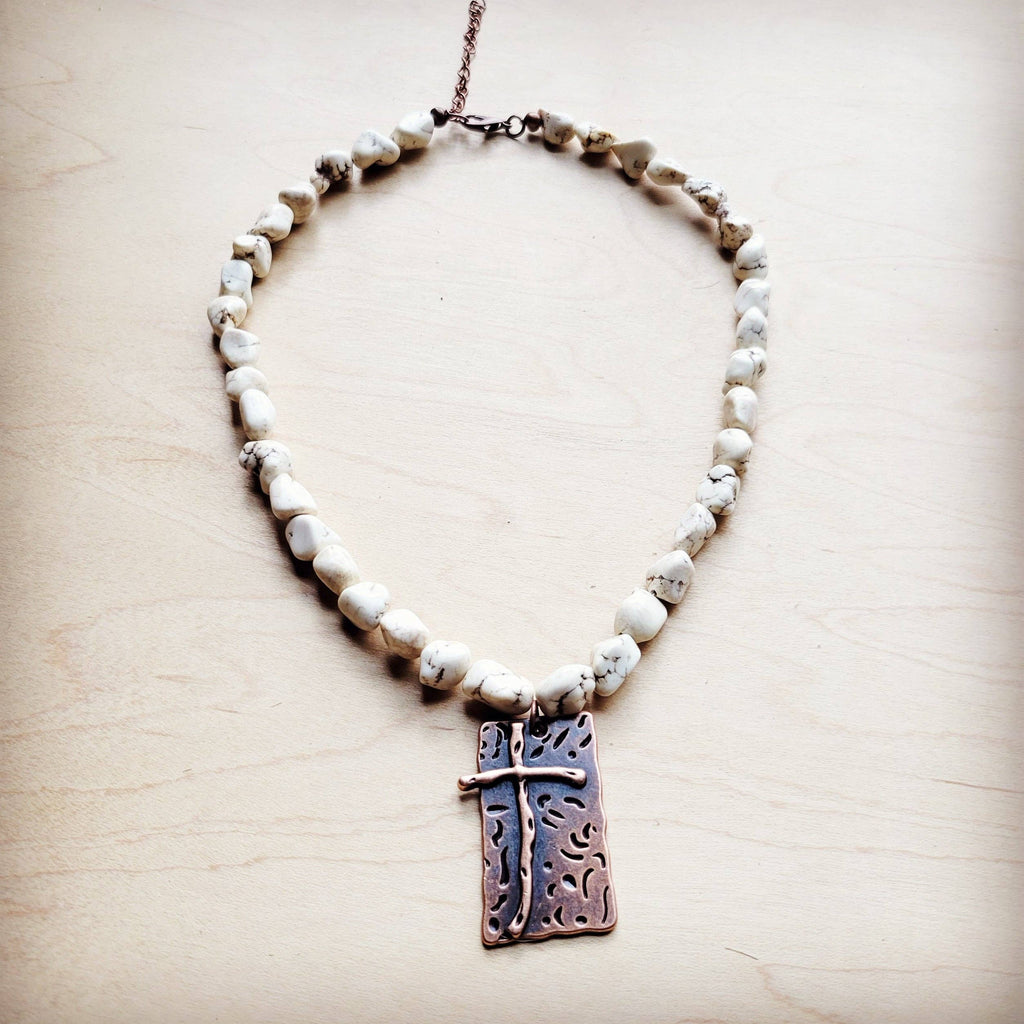White Turquoise Collar Necklace w/ Copper Cross Pendant 259y
