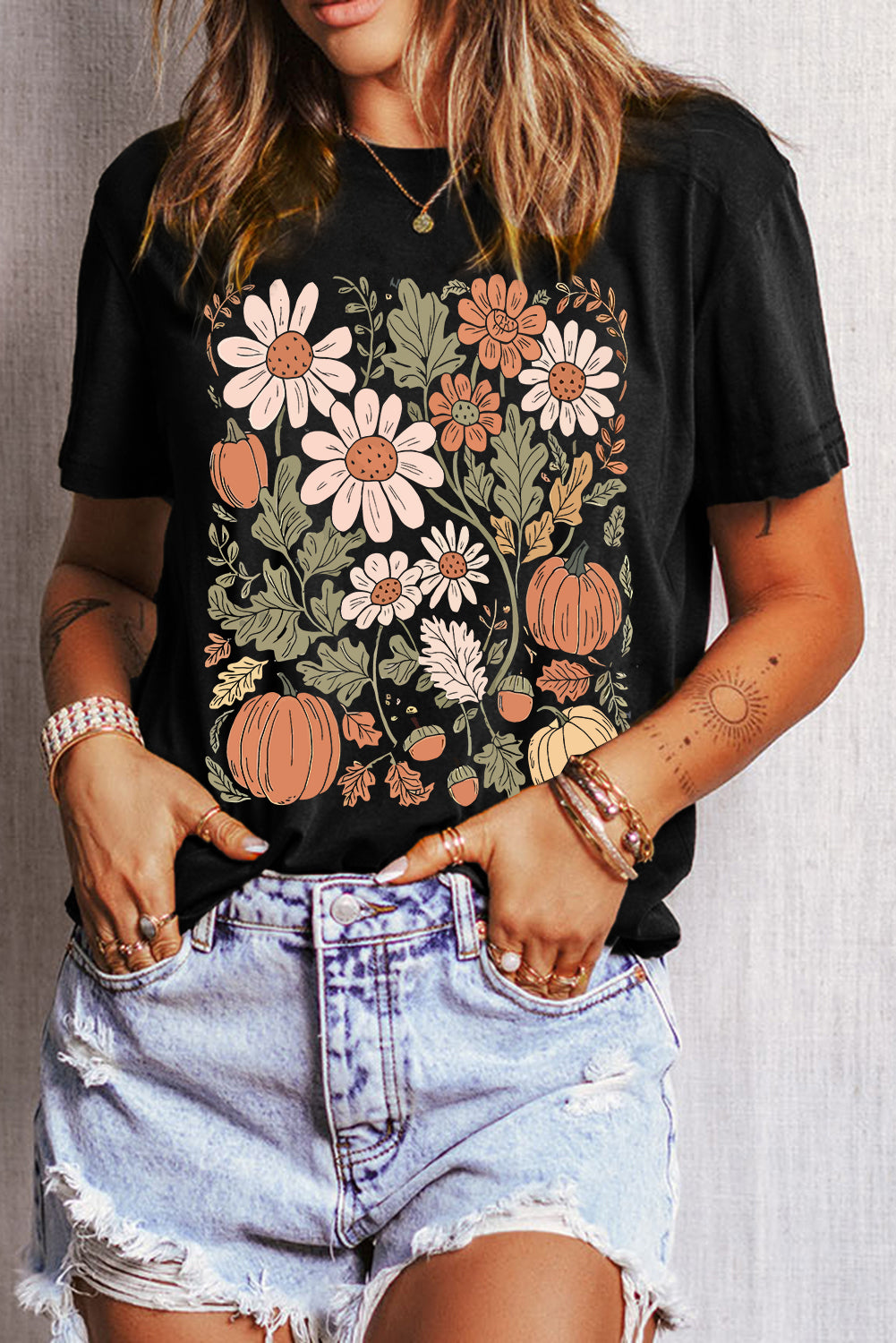 Black Wild Flower Pumpkin Print T Shirt