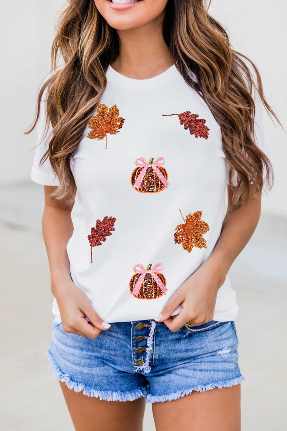 White Sequined Pumpkin Leaves Fall Vibe Graphic T Shirt