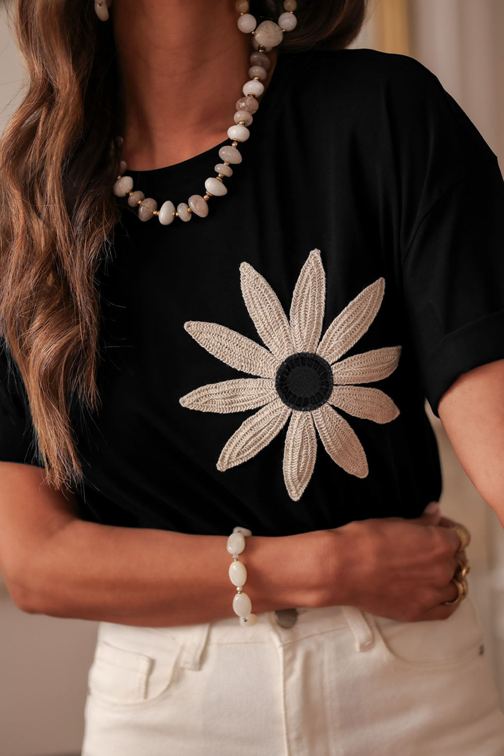 Black Contrast Crochet Floral Graphic Drop Shoulder Loose Tee