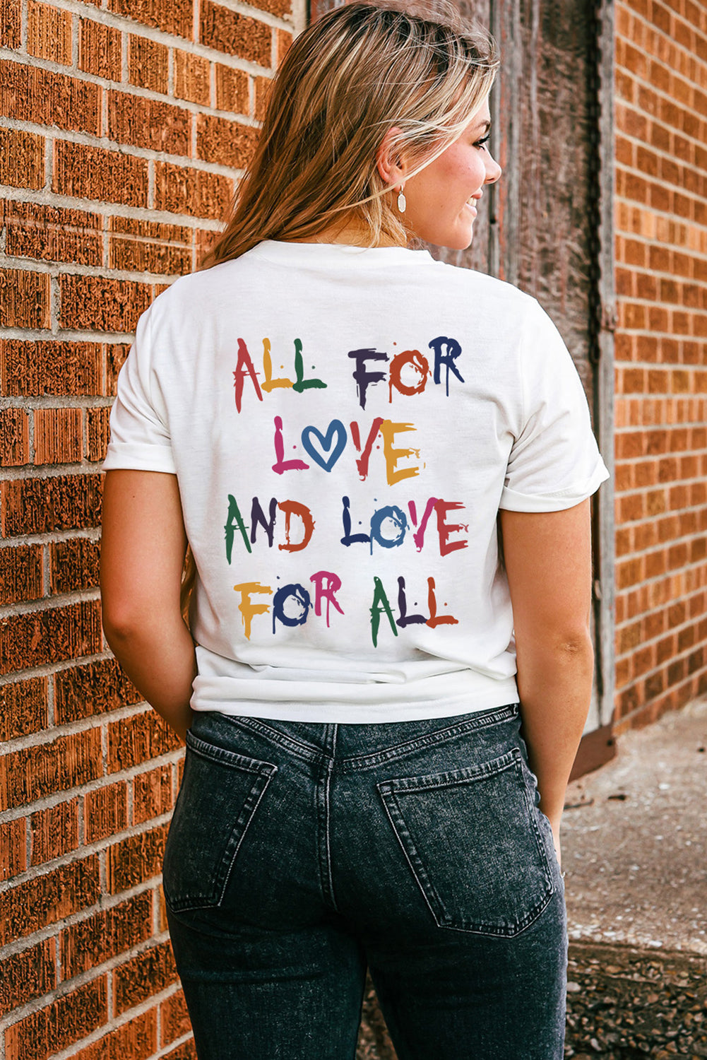 White ALL FOR LOVE AND LOVE FOR ALL Letter Graphic T Shirt