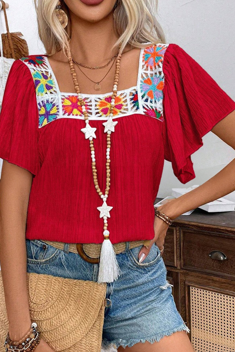 Racing Red Crochet Flower Square Neck Ruffle Sleeve Blouse