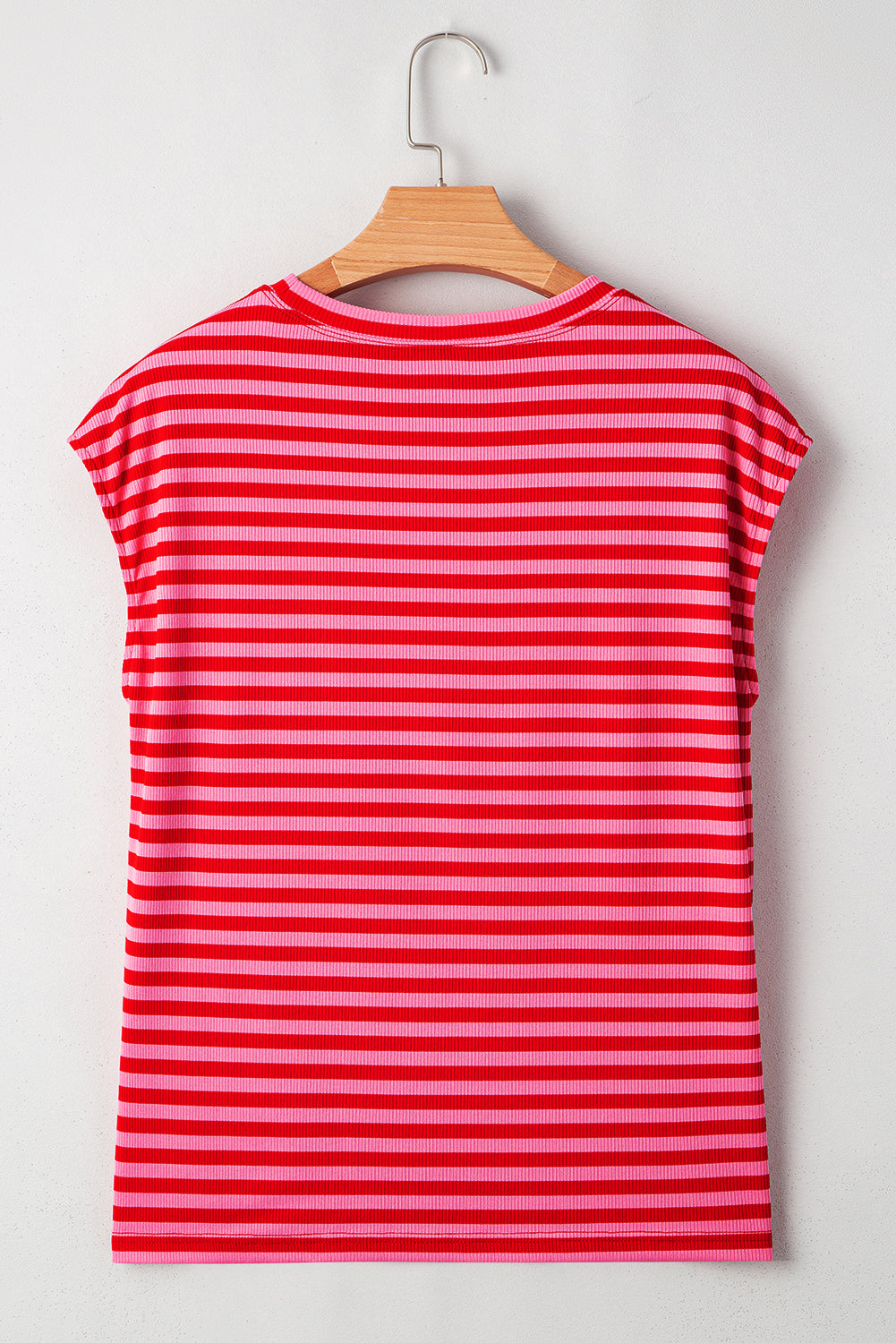 Red Stripe Ribbed Cap Sleeve Round Neck T Shirt
