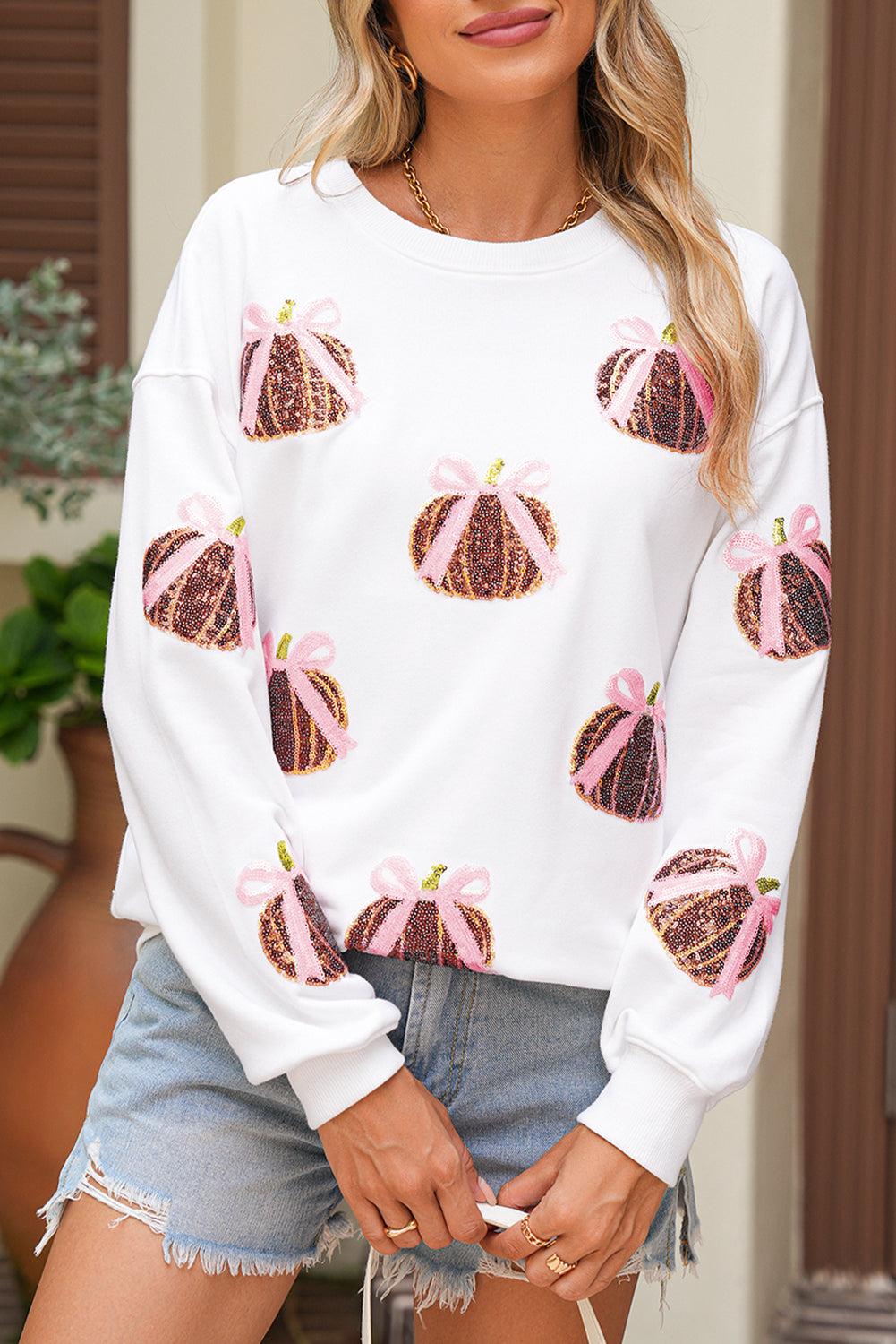 White Sequin Bow Pumpkin Patched Cotton Baggy Sweatshirt
