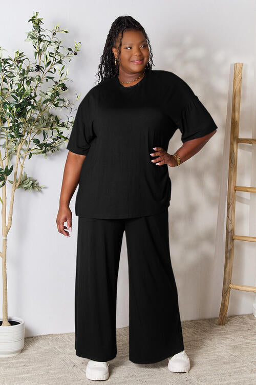 Double Take Full Size Round Neck Slit Top and Pants Set-5
