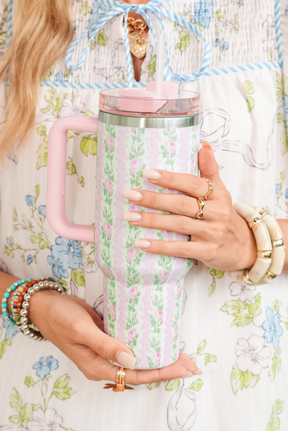 Pink Floral Print Tumbler Cup