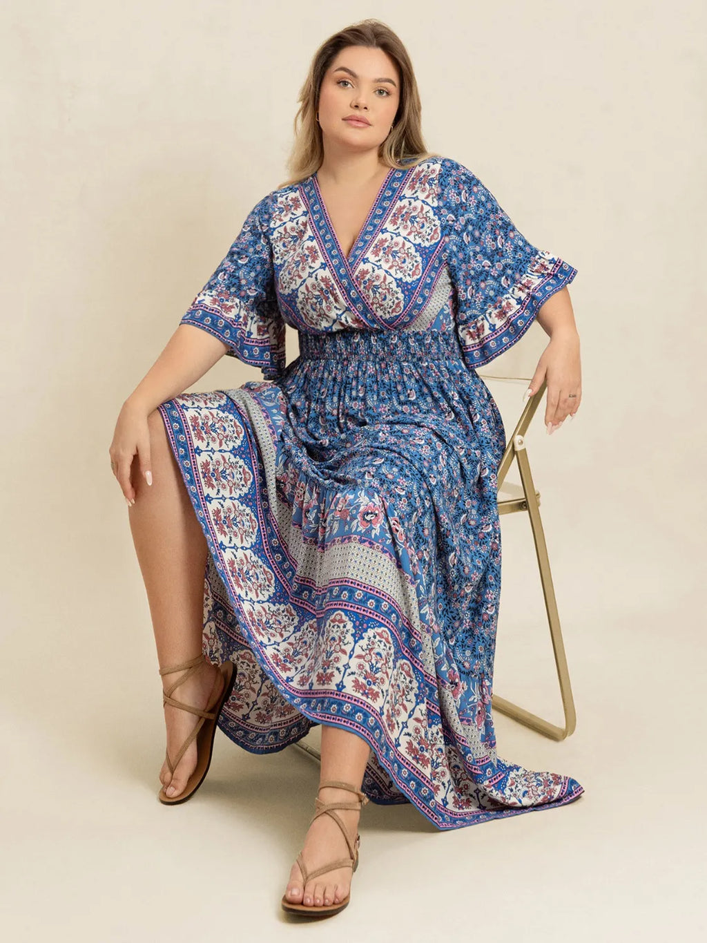Plus Size Printed Surplice Half Sleeve Dress