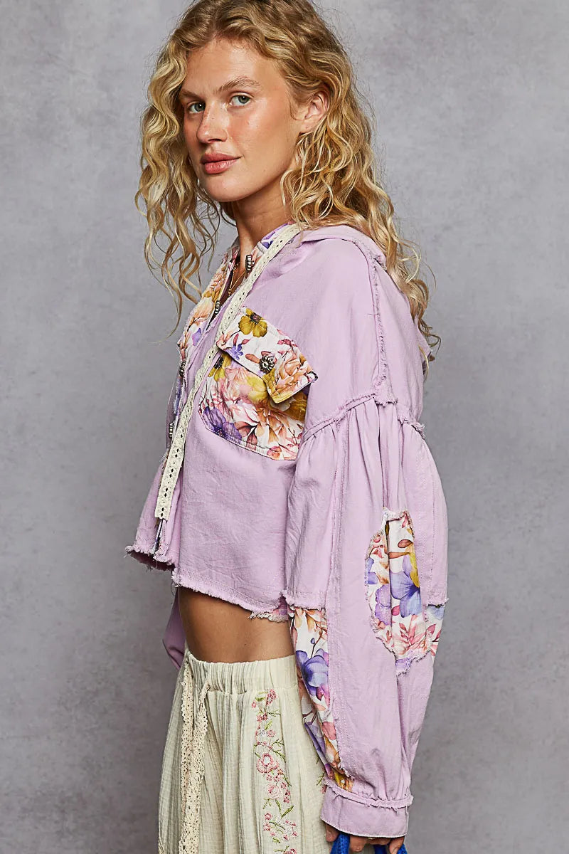 Raw Hem Floral Print Cropped Hooded Jacket