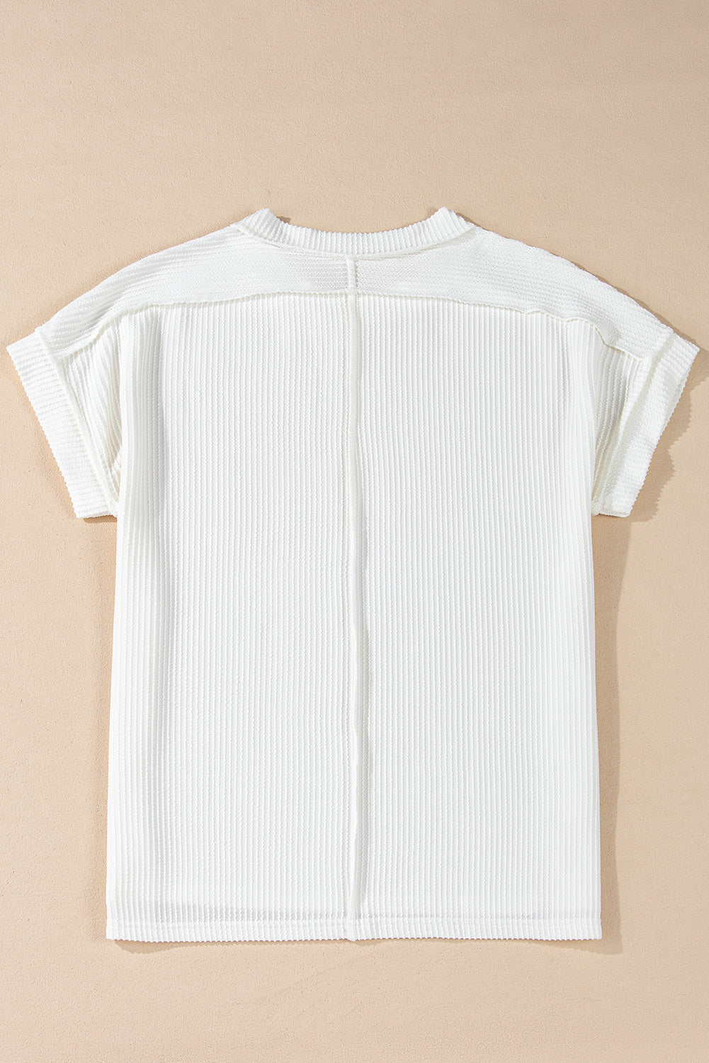 White Crinkle Rib Textured Knit Round Neck T Shirt