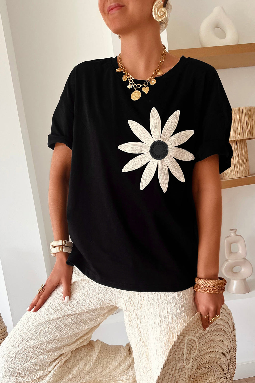 Black Contrast Crochet Floral Graphic Drop Shoulder Loose Tee