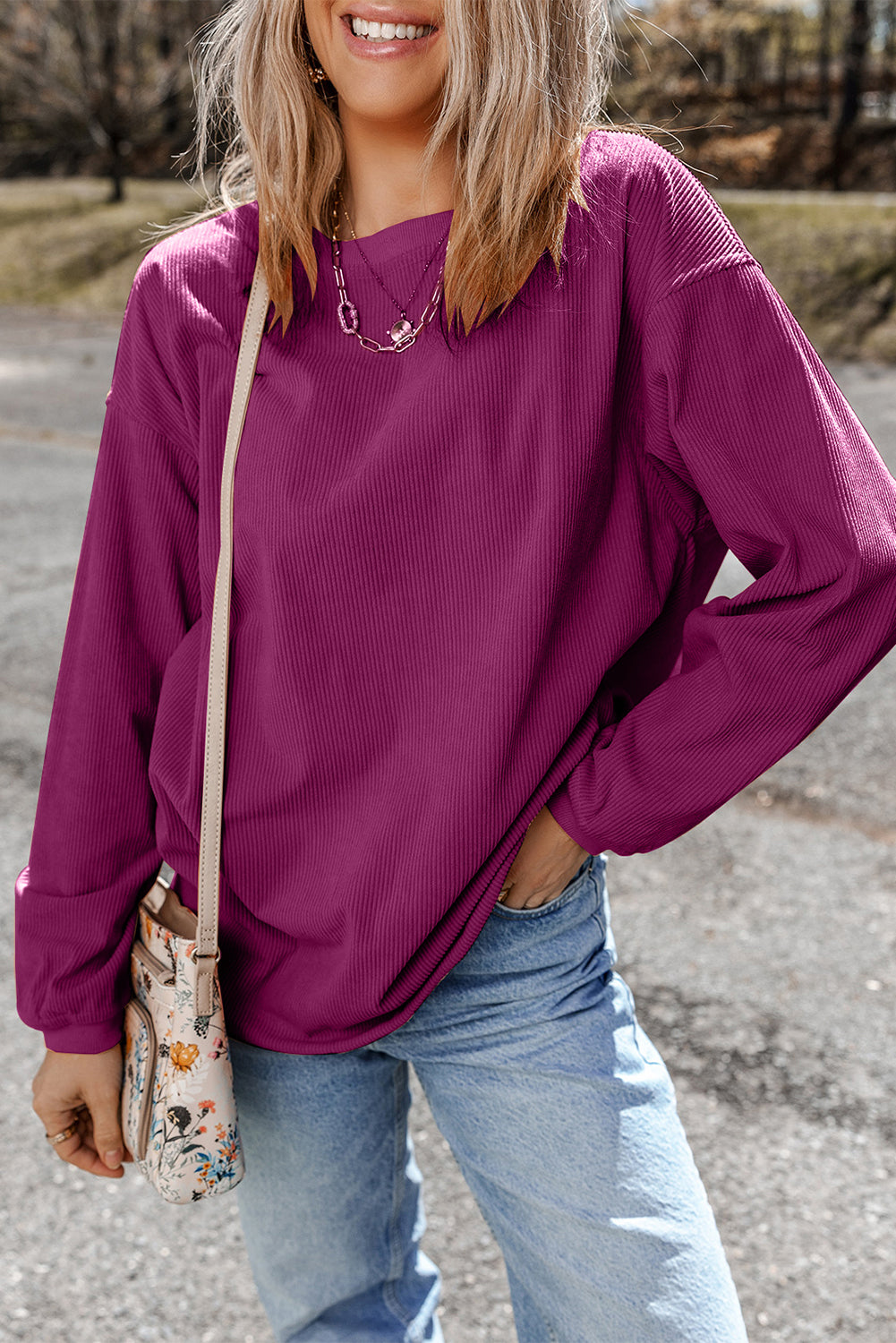 Festival Fuchsia Plain Drop Sleeve Rib Knit Oversized Sweatshirt