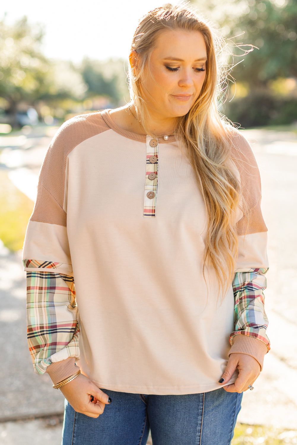 Parchment Plus Size Plaid Waffle Patchwork Henley Top