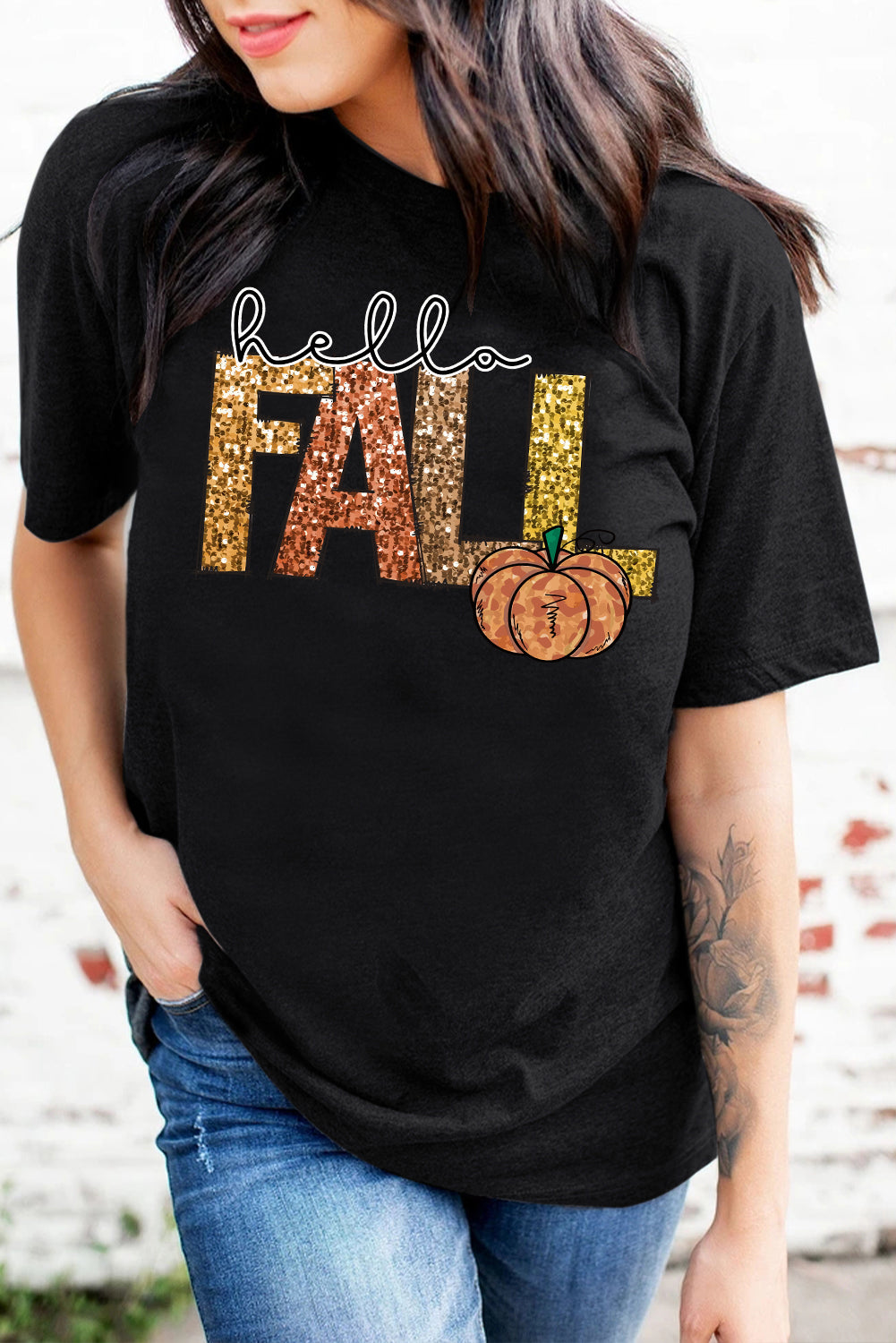 Black Hello Fall Letter Pumpkin Printed T Shirt