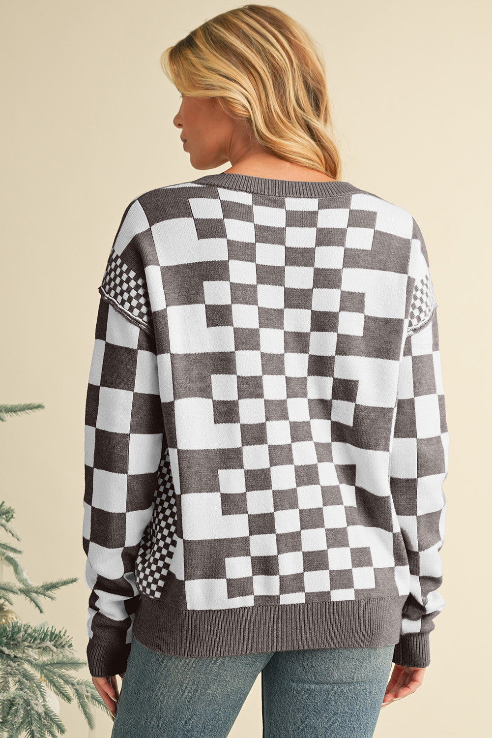 Gray Checkered Drop Shoulder Round Neck Sweater