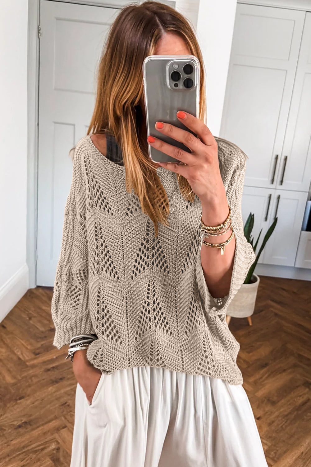 Parchment Hollow Out Knit 3/4 Sleeve Casual Sweater