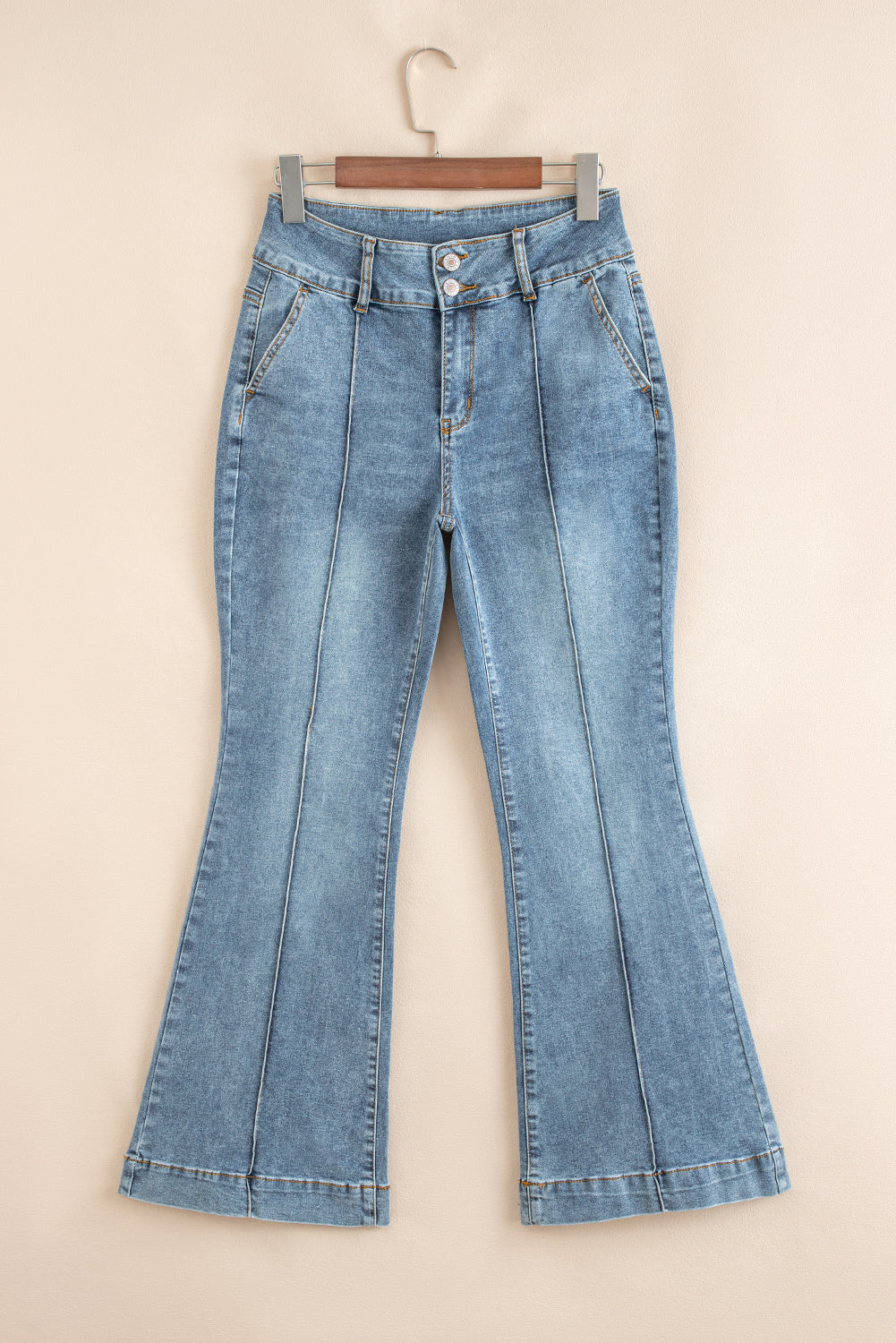 Dusk Blue Buttoned High Waist Piping Trim Flared Jeans