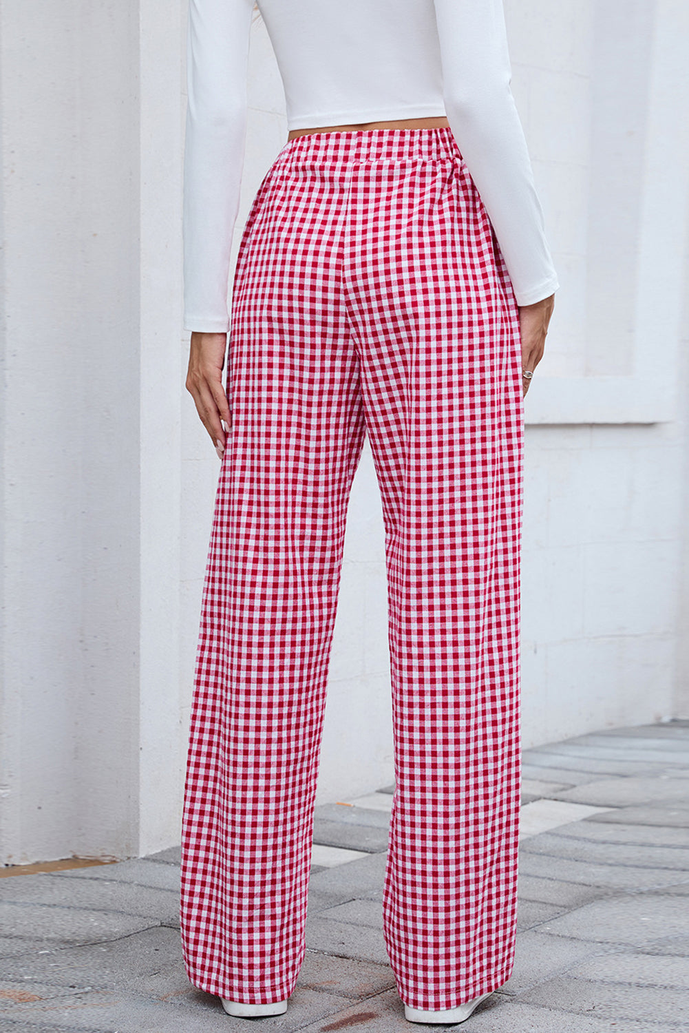 Fiery Red Gingham Casual Loose Pants