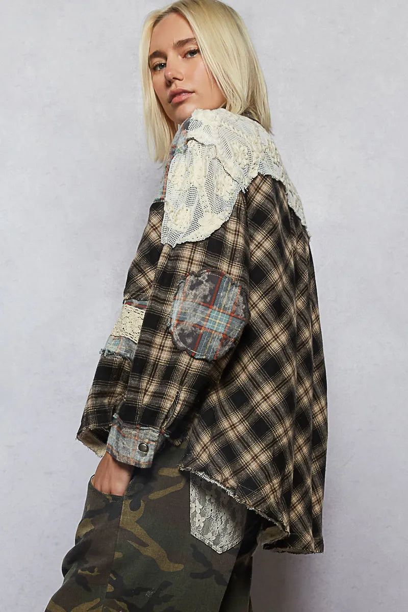 Lace Patchwork Plaid Oversized Shirt