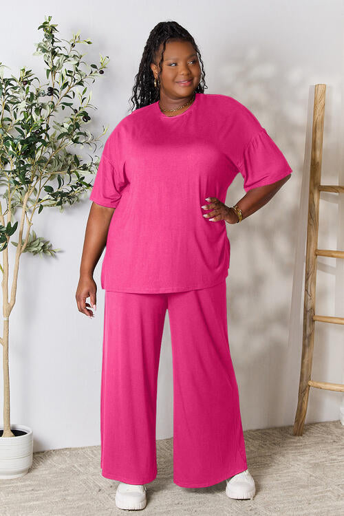 Double Take Full Size Round Neck Slit Top and Pants Set-0