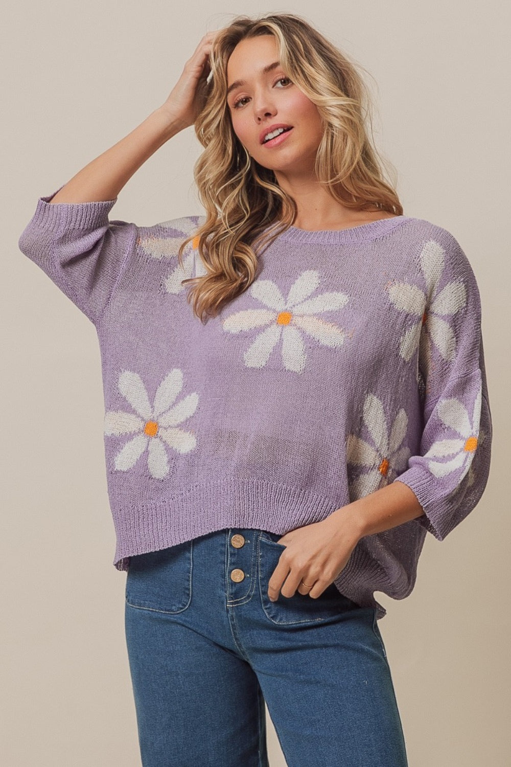 BiBi Floral Pattern Slit Sweater-0