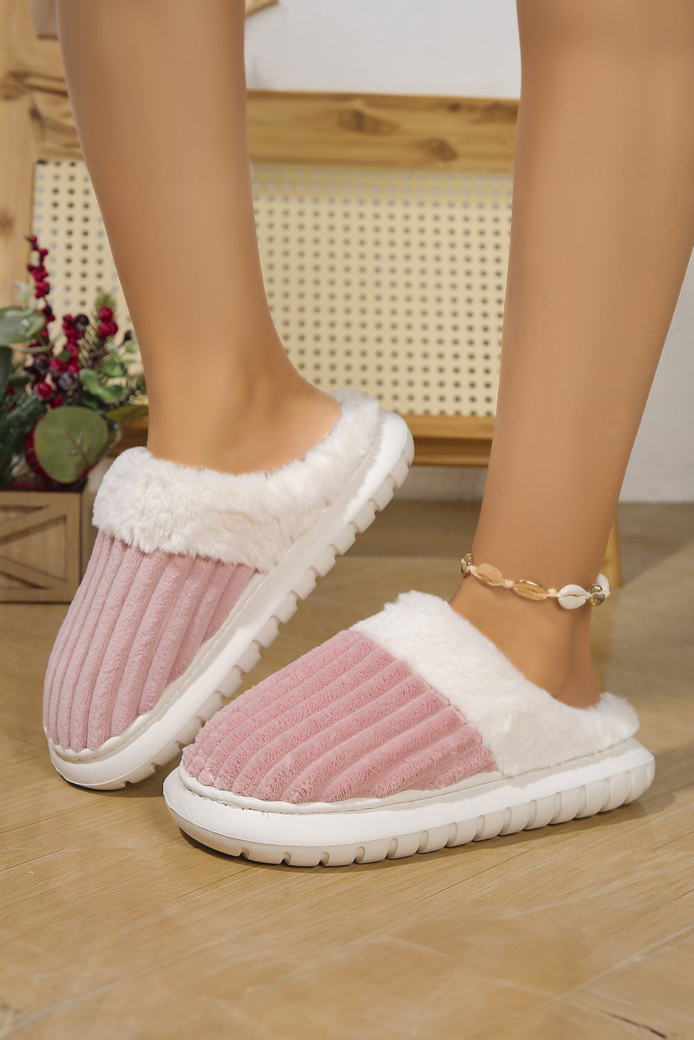 Pink Colorblock Plush House Slippers