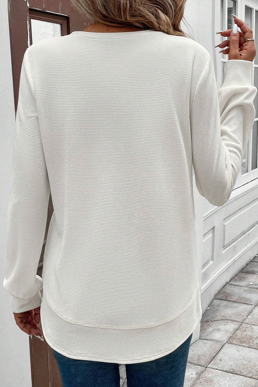 White Rounded Hem Waffle Plain Long Sleeve Top