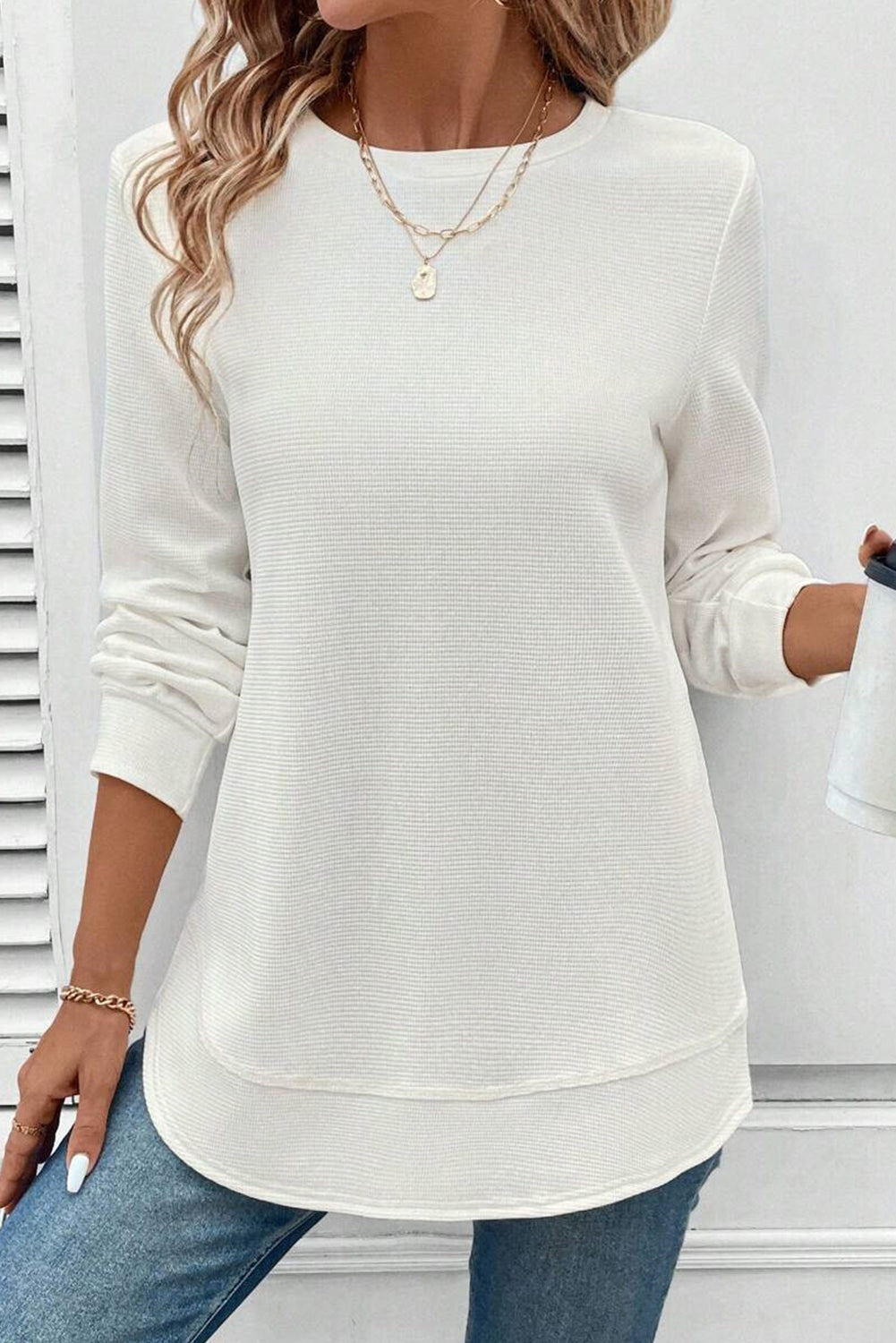 White Rounded Hem Waffle Plain Long Sleeve Top