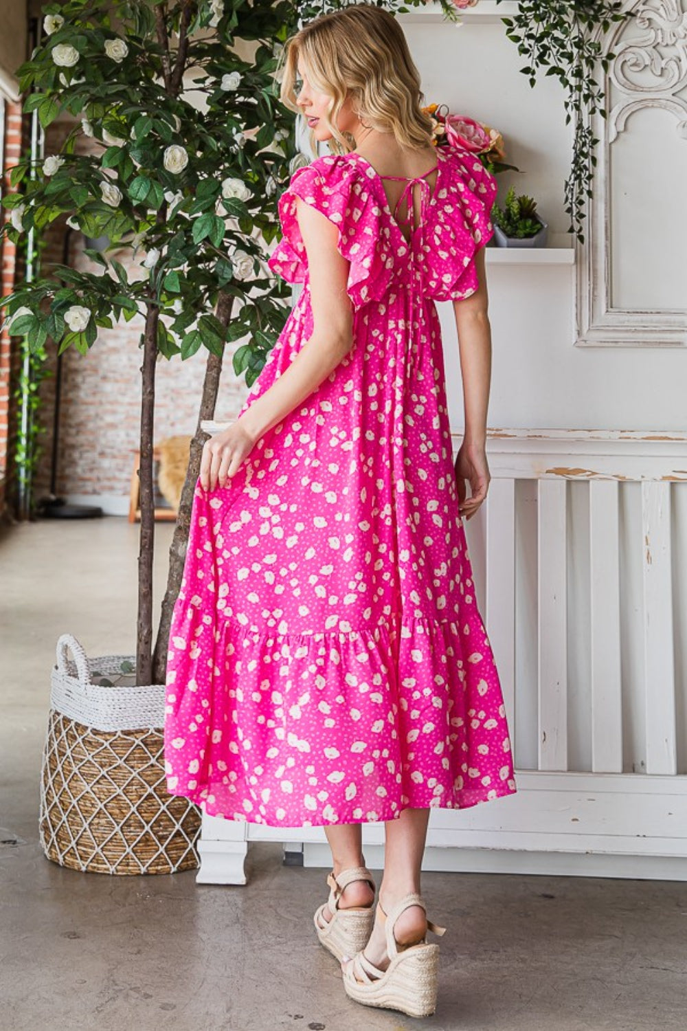 Reborn J Printed V-Neck Ruffle Trim Tiered Midi Dress-1