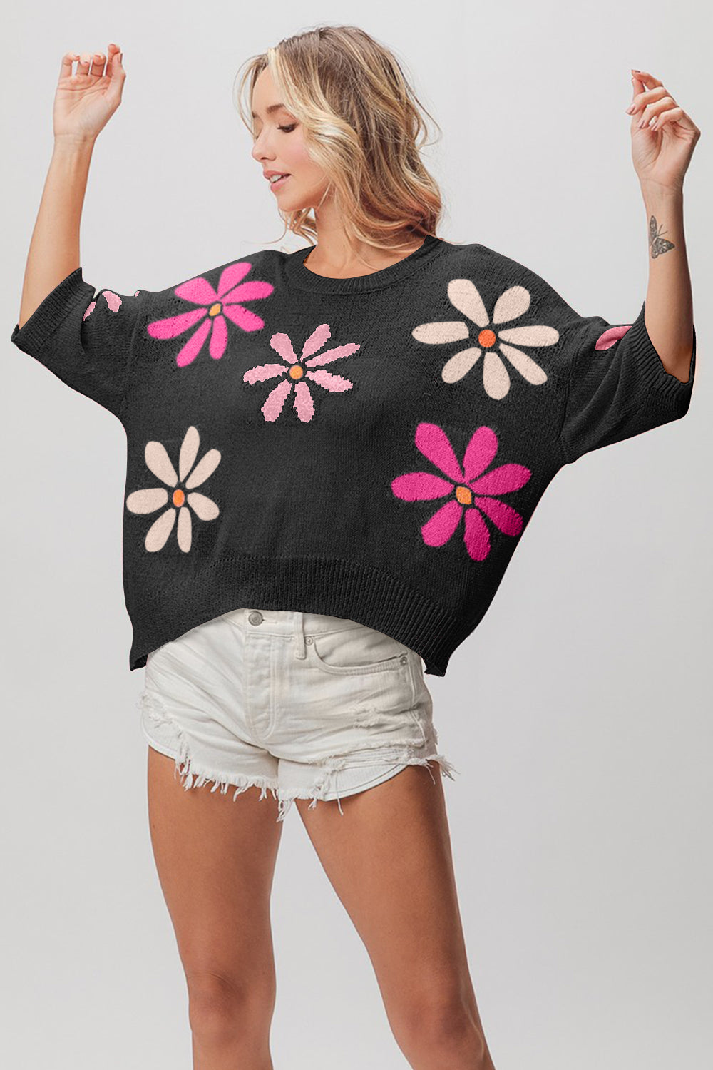 BiBi Floral Pattern Cropped Sweater-2