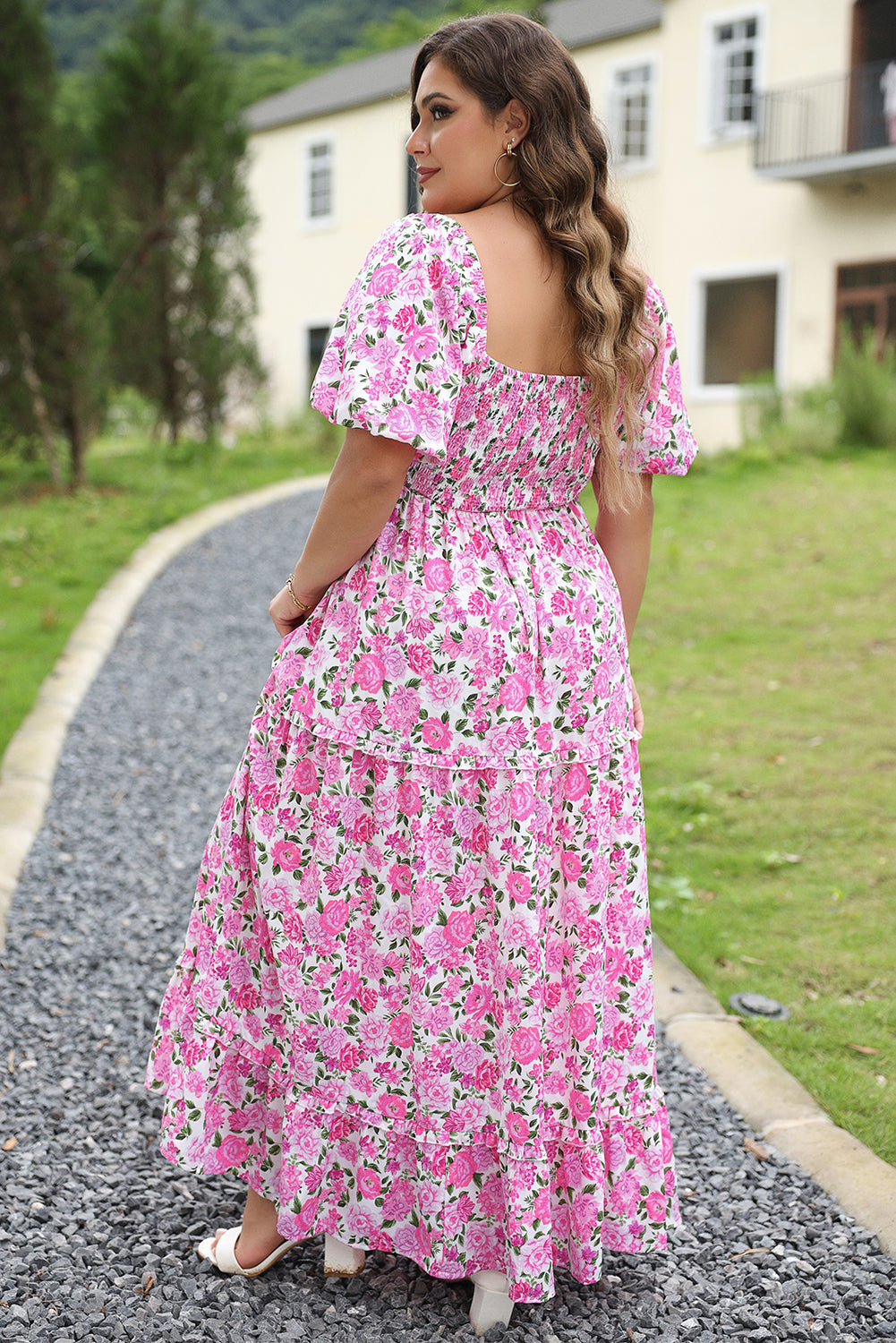 Pink Plus Size Floral Print Smocked Puff Sleeve Maxi Dress