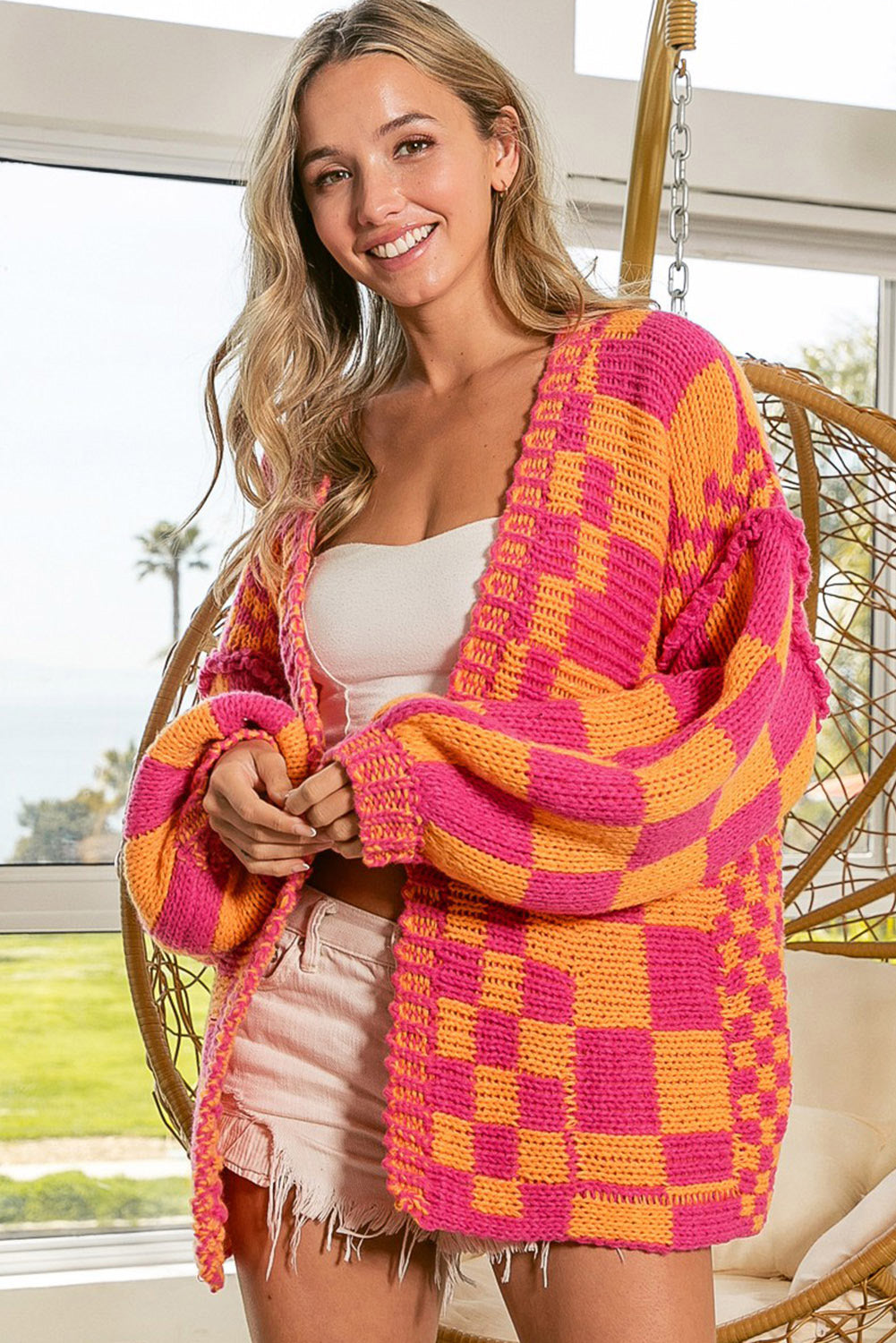 Multicolor Plaid Open Front Knitted Cardigan
