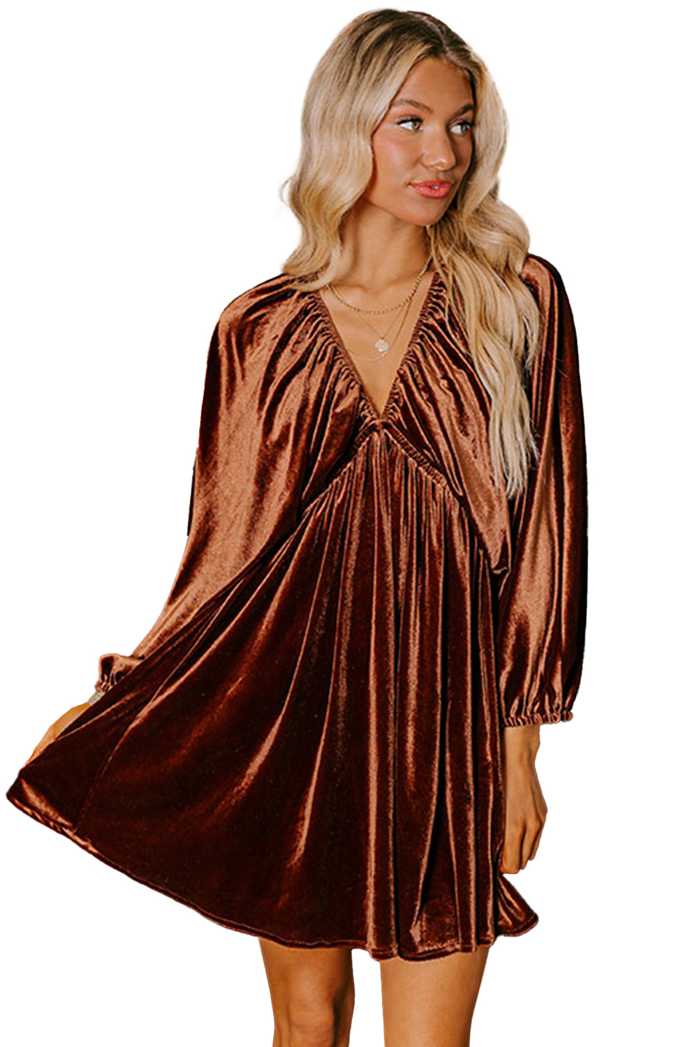 Clay Elastic V Neck Puff Sleeve Flowy Velvet Dress