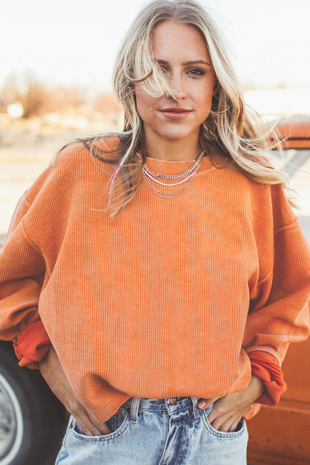 Orange Plain Drop Sleeve Crinkle Rib Oversized Sweatshirt