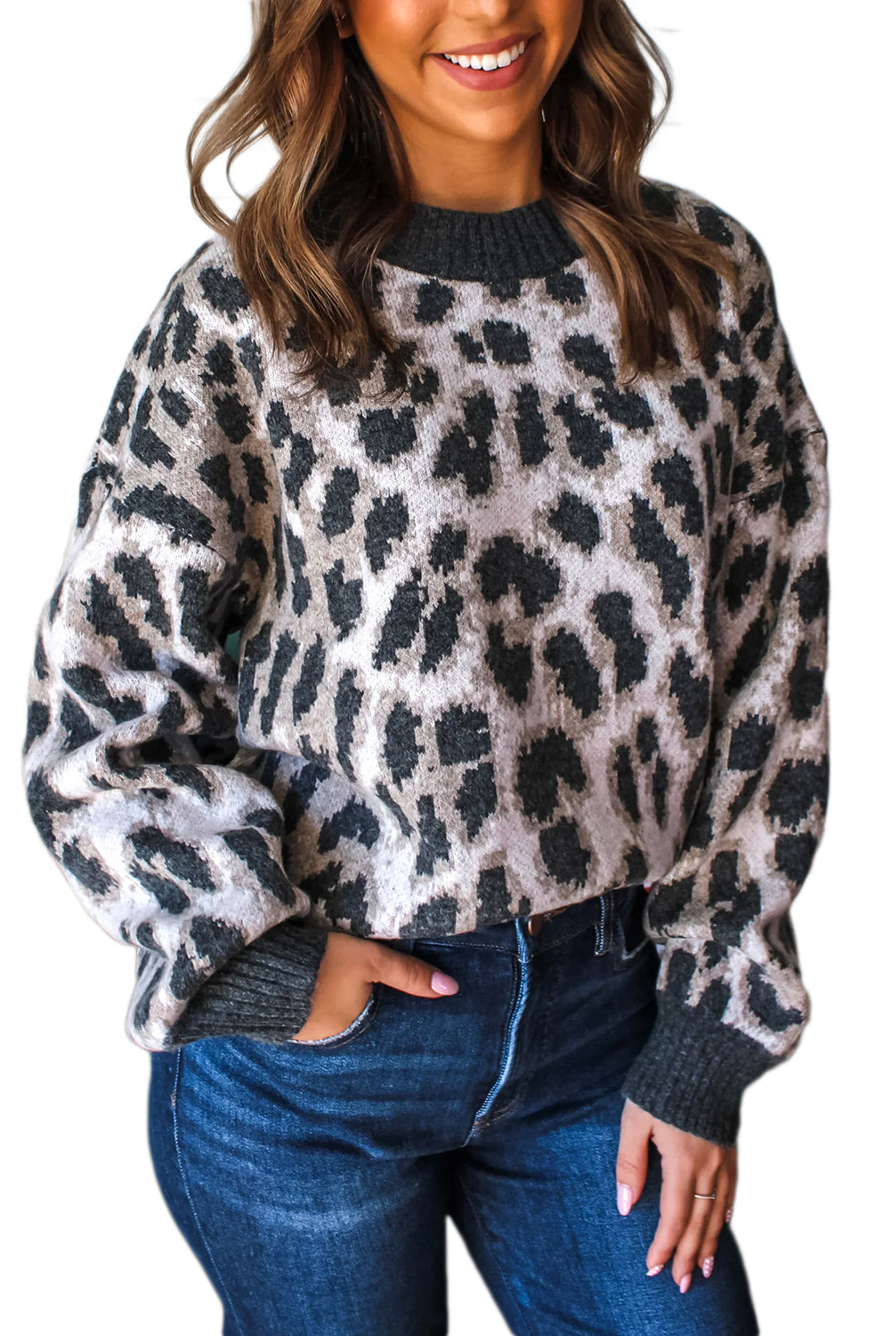Carbon Grey Leopard Pattern Contrast Trim Round Neck Sweater