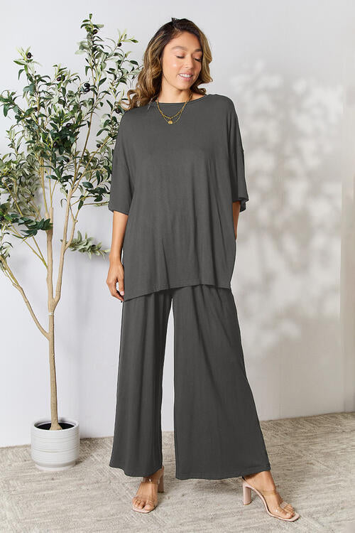 Double Take Full Size Round Neck Slit Top and Pants Set-7