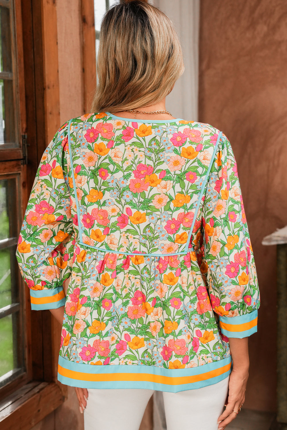 Green Floral Print Striped Trim Puff Sleeve Babydoll Blouse