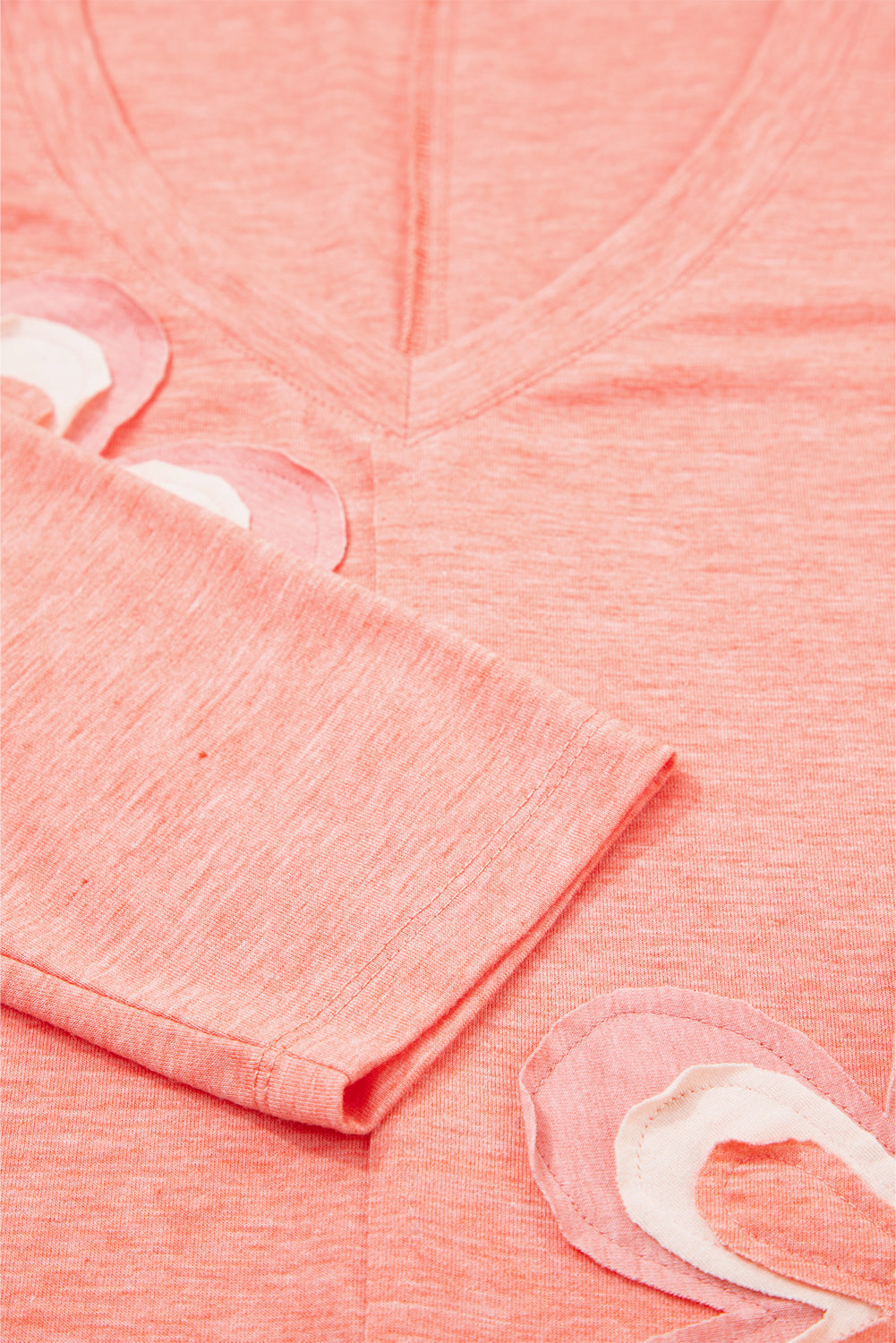 Fresh Salmon Floral Patched V Neck Long Sleeve Top