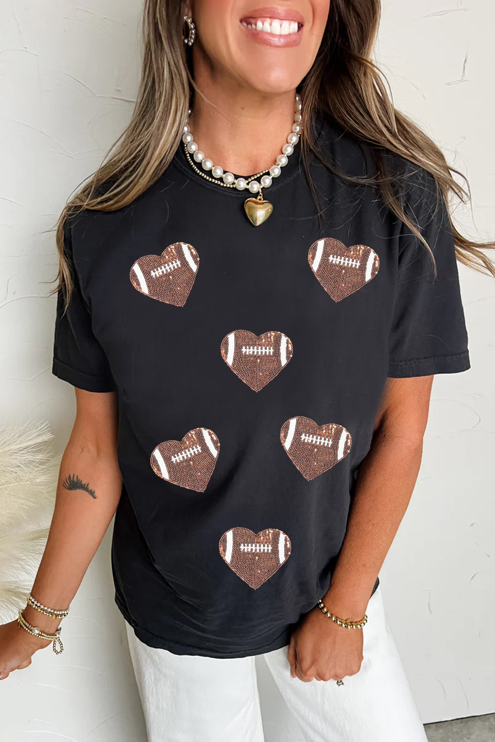 Black Football Sequin Heart Patched Graphic Tee